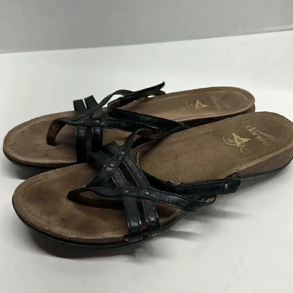 Dansko Flip Flop Sandals Strappy Black Leather Adjustable Strap Size 41 10.5 11